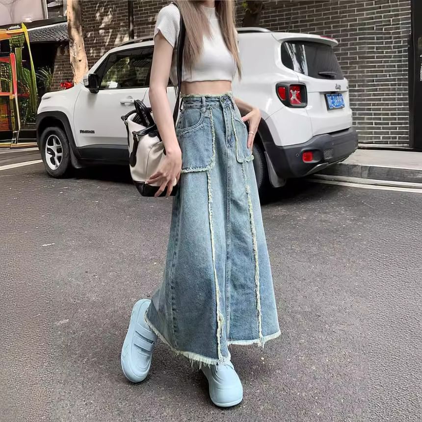 Denim Maxi A-Line Skirt High Waist