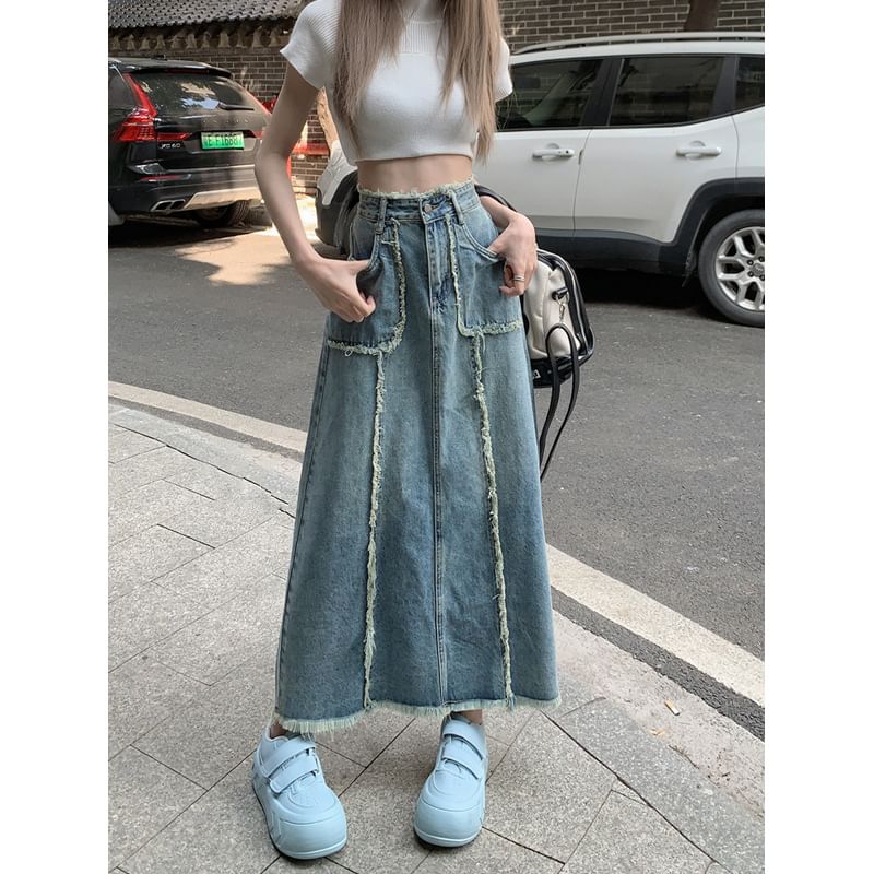 Denim Maxi A-Line Skirt High Waist