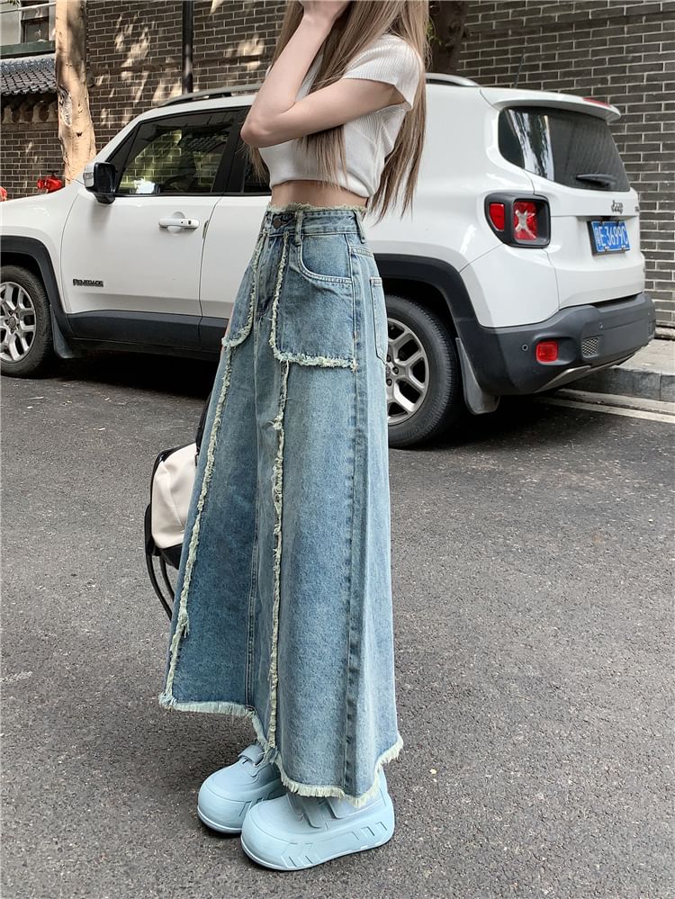 Denim Maxi A-Line Skirt High Waist