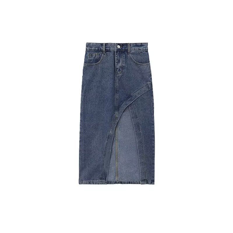 High Rise Slit Hem Denim Midi Skirt