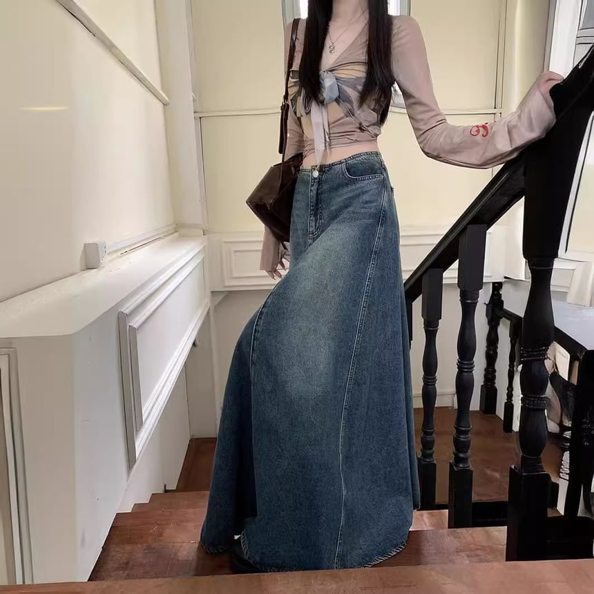 Mid Rise Denim Maxi A-Line Skirt