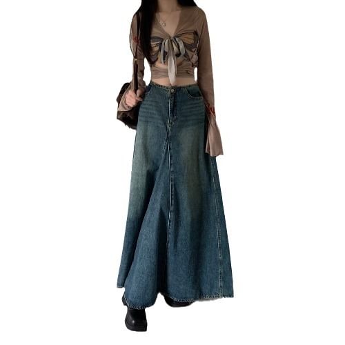 Mid Rise Denim Maxi A-Line Skirt