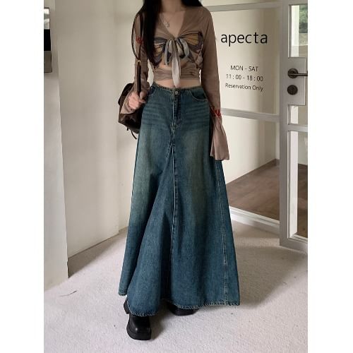 Mid Rise Denim Maxi A-Line Skirt