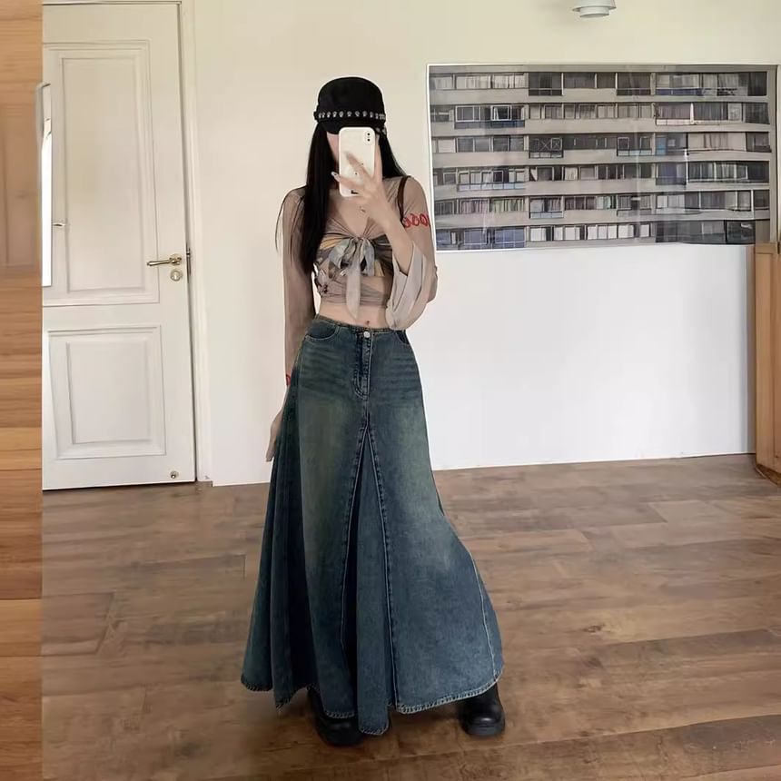 Mid Rise Denim Maxi A-Line Skirt