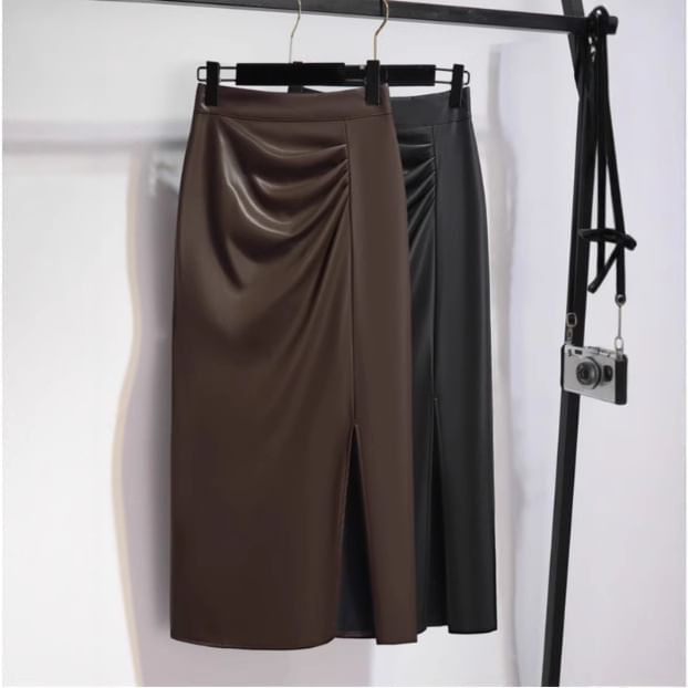 Slit Hem Midi Skirt High Rise Plain