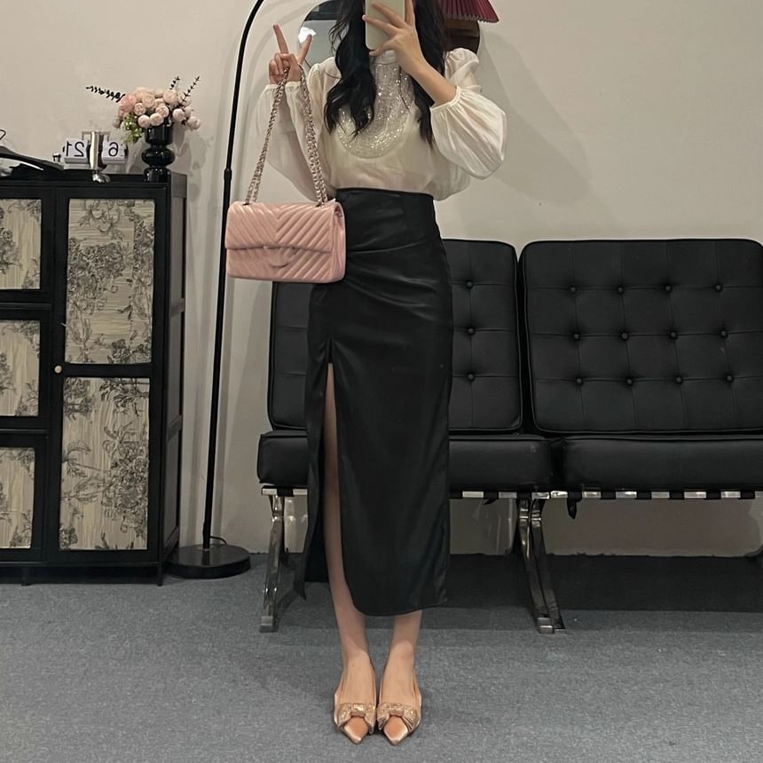 Slit Hem Midi Skirt High Rise Plain