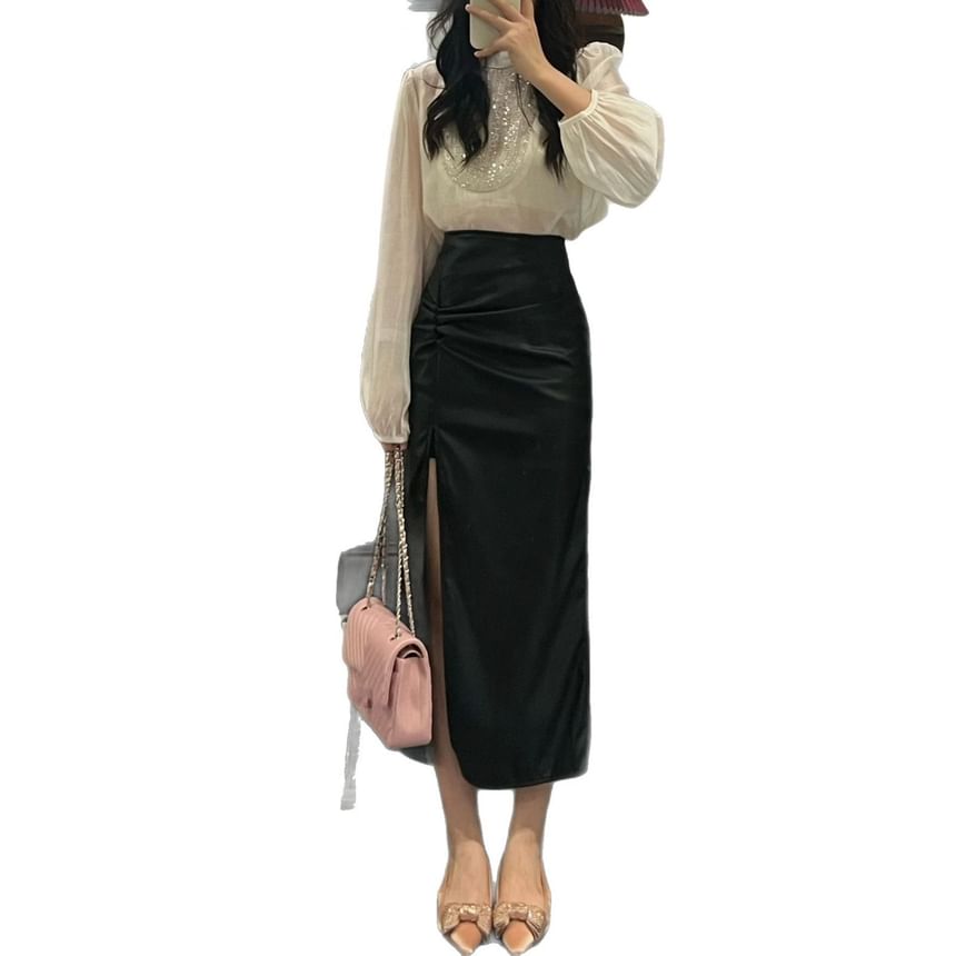 Slit Hem Midi Skirt High Rise Plain