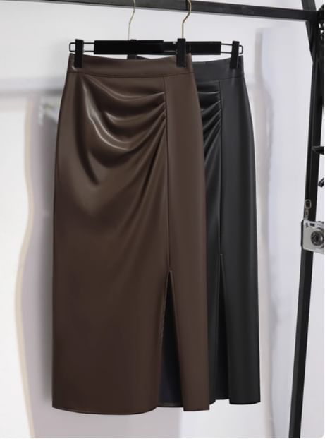 Slit Hem Midi Skirt High Rise Plain