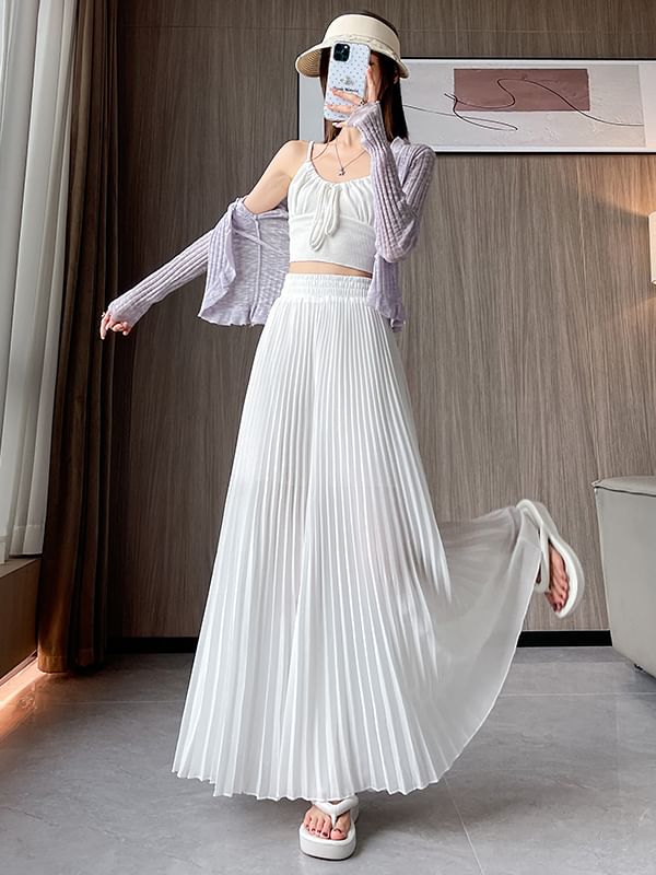 High Waist Pleated Maxi A-Line Skirt Plain