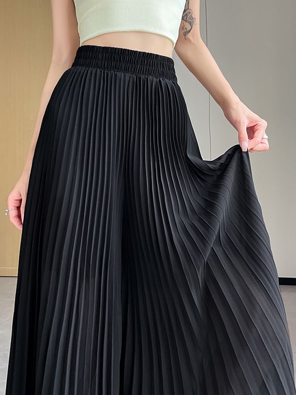 High Waist Pleated Maxi A-Line Skirt Plain