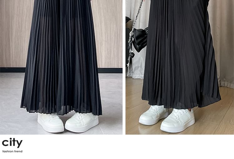 High Waist Pleated Maxi A-Line Skirt Plain