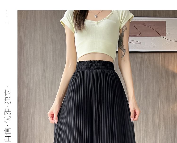 High Waist Pleated Maxi A-Line Skirt Plain