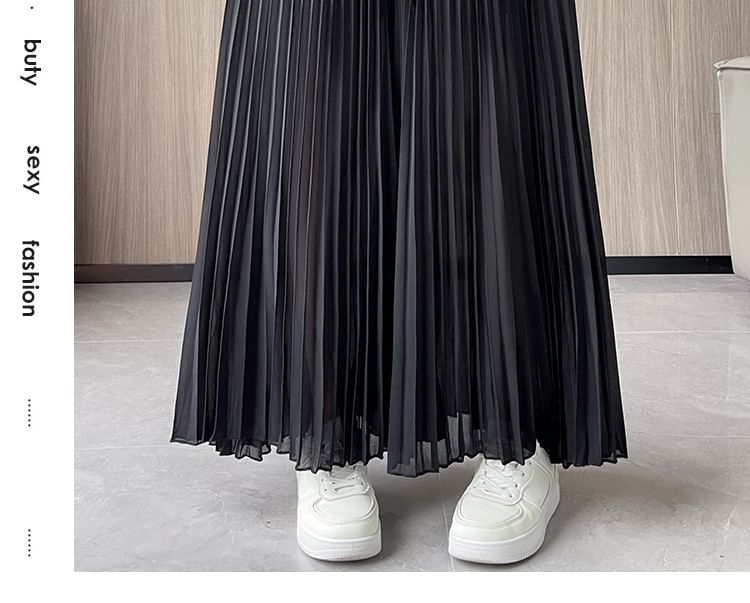 High Waist Pleated Maxi A-Line Skirt Plain