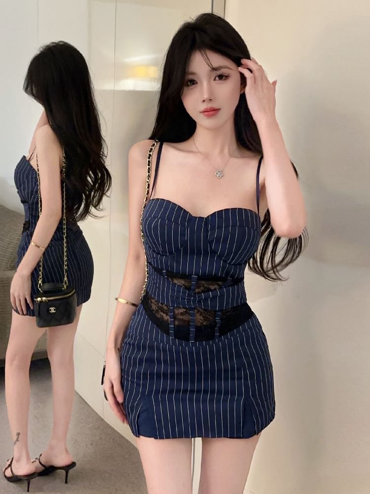 Pinstriped Lace Cami and Slit Mini Pencil Skirt