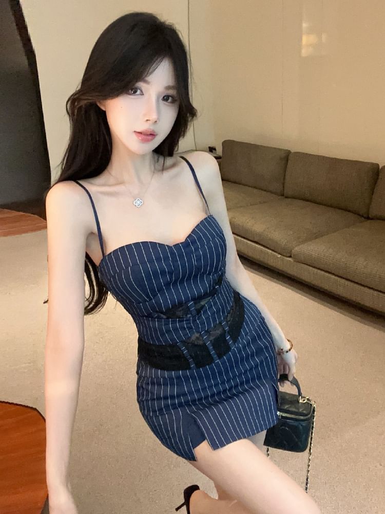 Pinstriped Lace Cami and Slit Mini Pencil Skirt