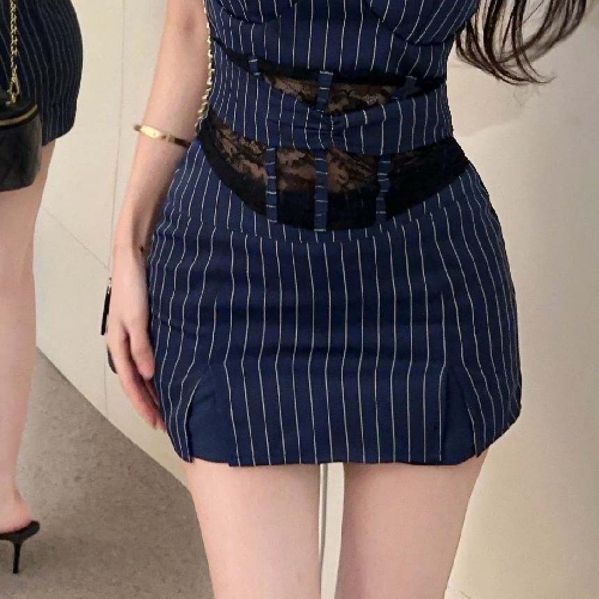 Pinstriped Lace Cami and Slit Mini Pencil Skirt
