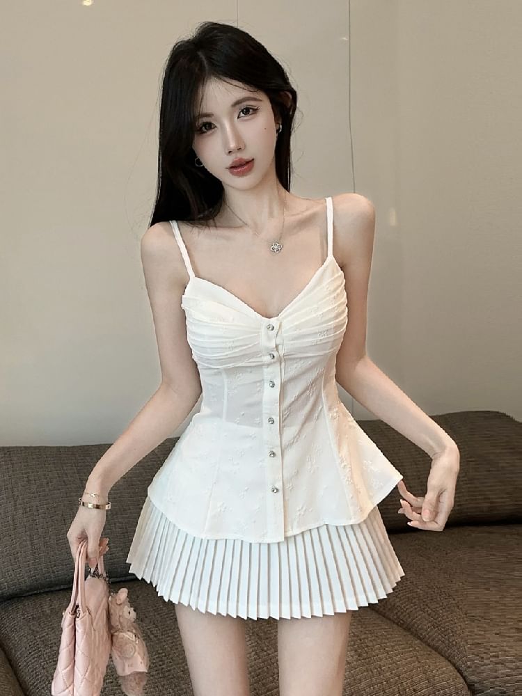Ruched Button Camisole and Accordion Pleated Skirt