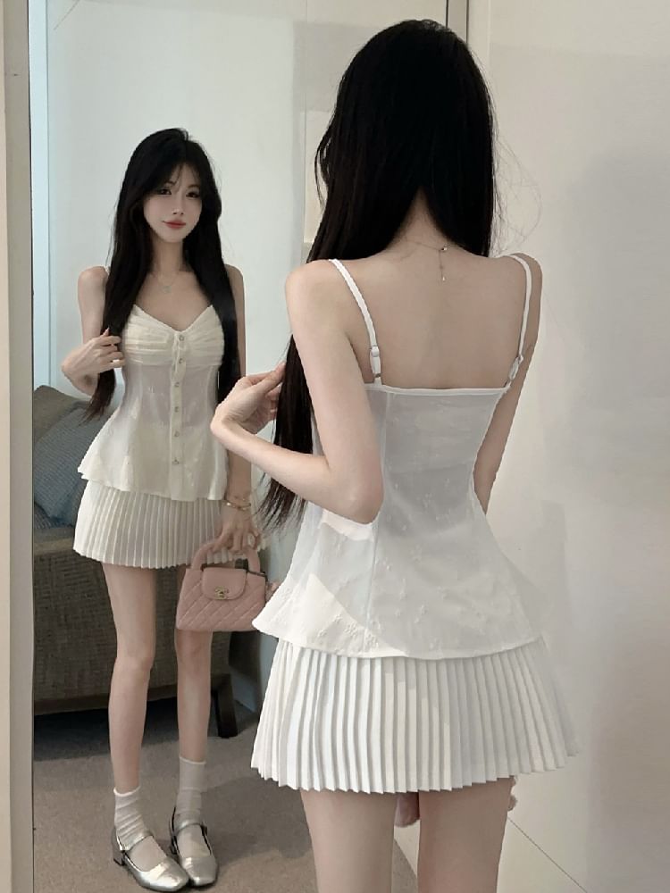 Ruched Button Camisole and Accordion Pleated Skirt