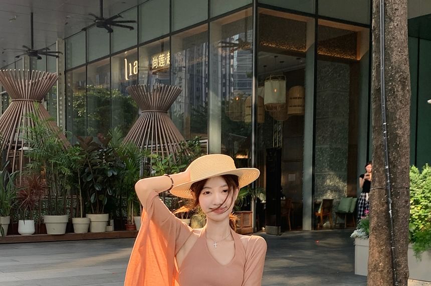 Halter Ribbed Knit Top & Drawstring Maxi A-Line Skirt & Cardigan