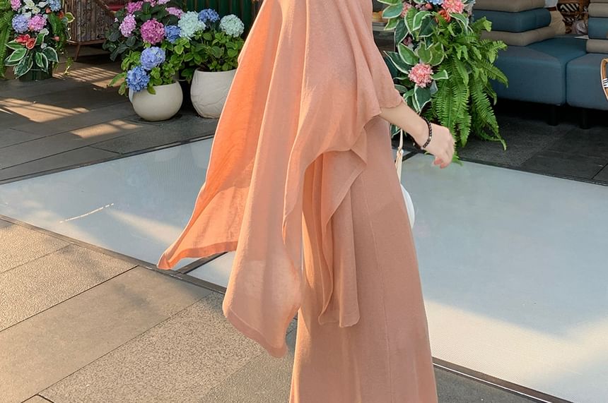 Halter Ribbed Knit Top & Drawstring Maxi A-Line Skirt & Cardigan