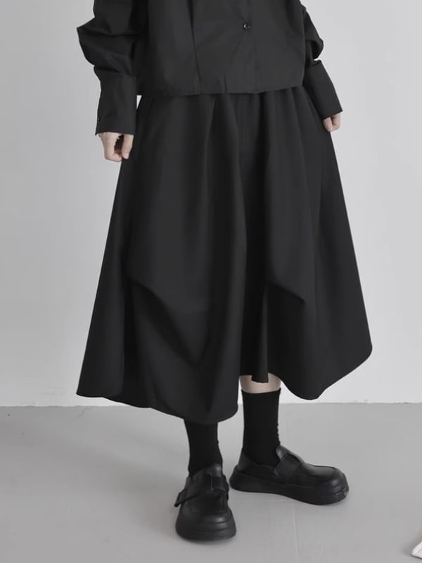 High Waist Asymmetrical Midi A-Line Skirt Plain
