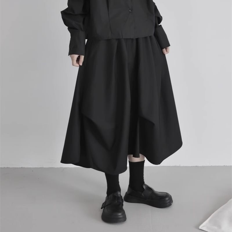 High Waist Asymmetrical Midi A-Line Skirt Plain