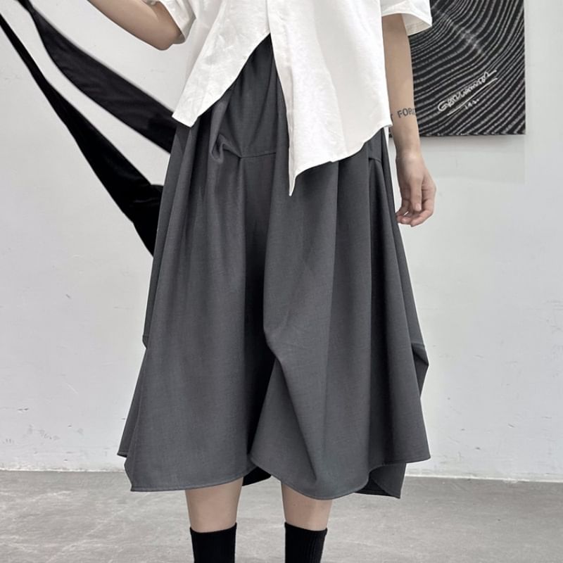 High Waist Asymmetrical Midi A-Line Skirt Plain