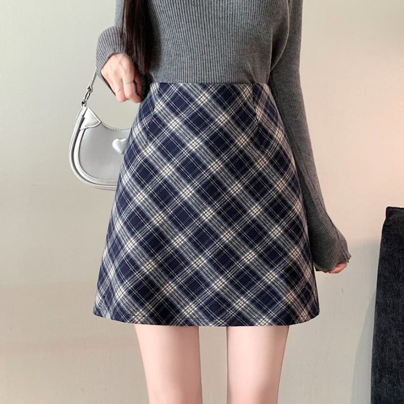 High Waist Plaid A-Line Mini Skirt