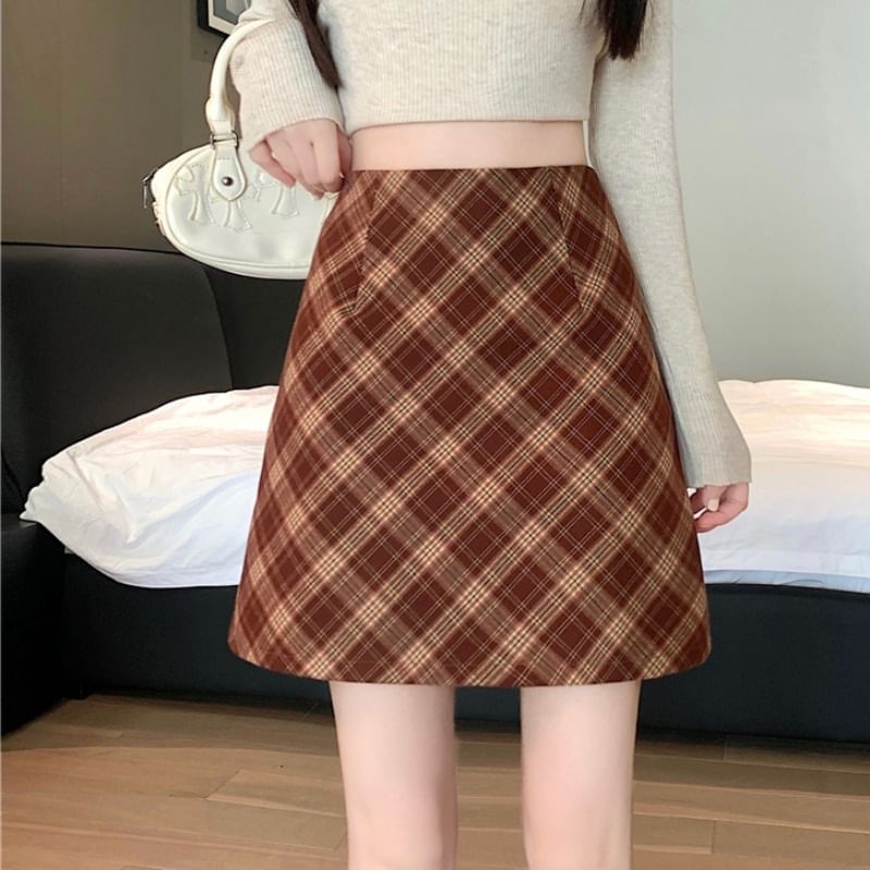 High Waist Plaid A-Line Mini Skirt
