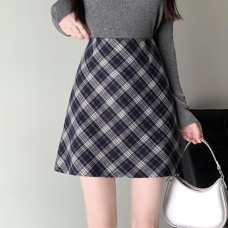 High Waist Plaid A-Line Mini Skirt