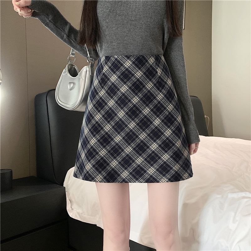 High Waist Plaid A-Line Mini Skirt