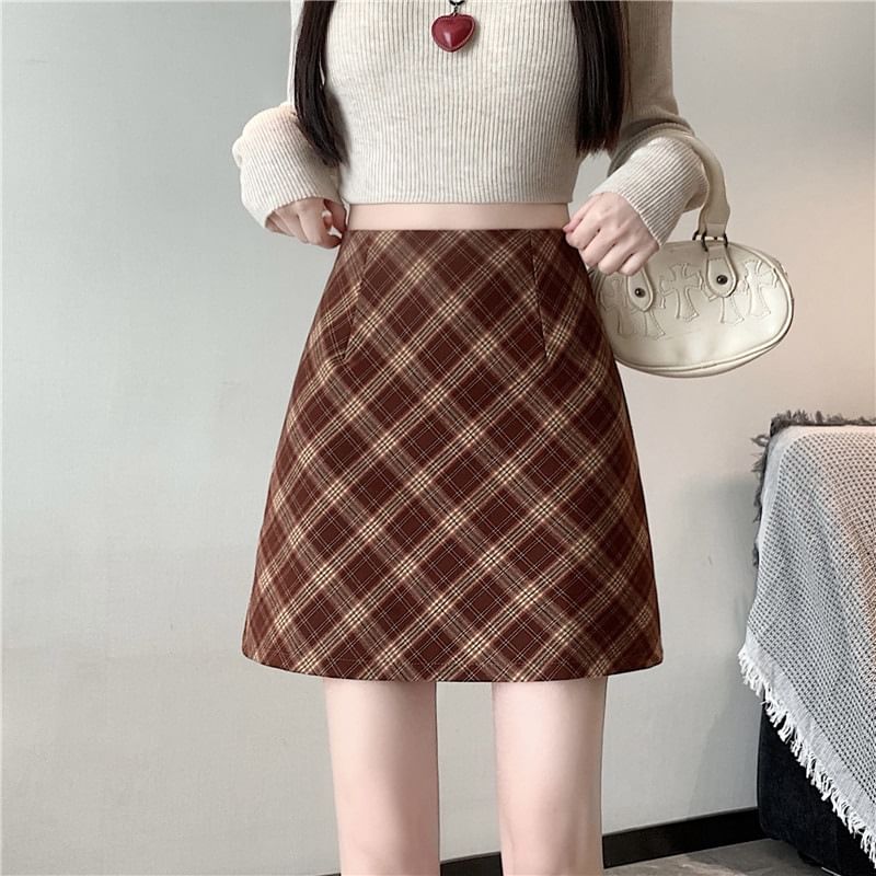 High Waist Plaid A-Line Mini Skirt