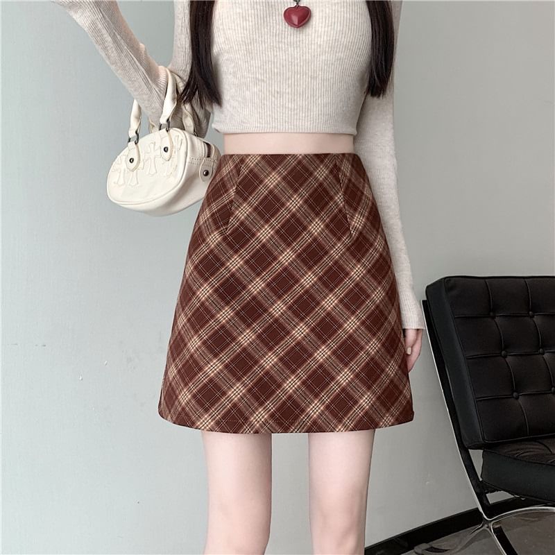 High Waist Plaid A-Line Mini Skirt