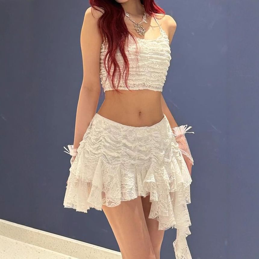 Low Rise Asymmetrical Ruffled Lace Mini A-Line Skirt
