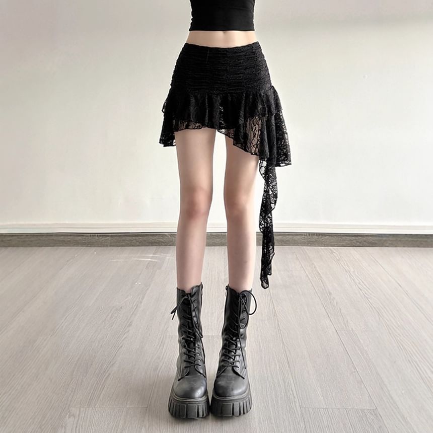 Low Rise Asymmetrical Ruffled Lace Mini A-Line Skirt