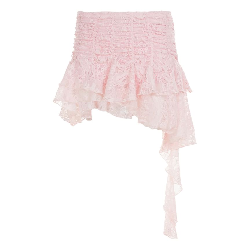 Low Rise Asymmetrical Ruffled Lace Mini A-Line Skirt