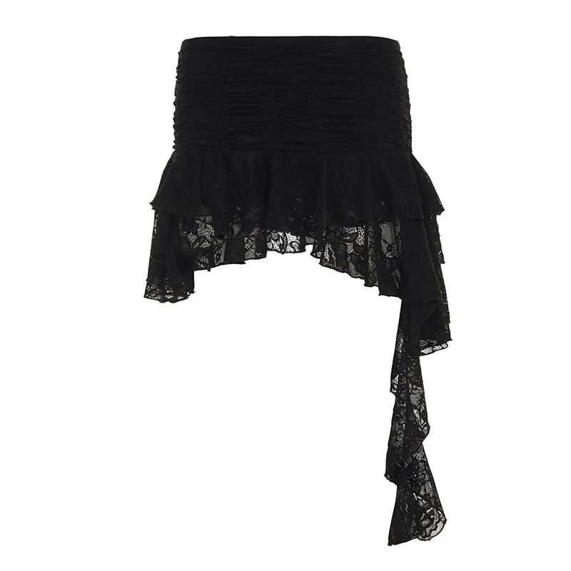 Low Rise Asymmetrical Ruffled Lace Mini A-Line Skirt