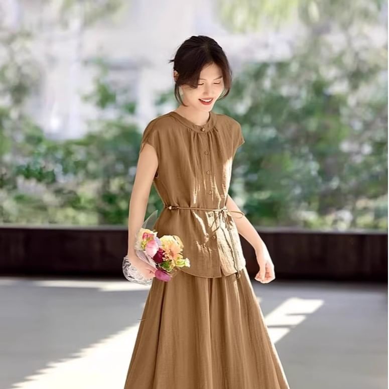 Cap-Sleeve Stand Collar Plain Blouse & High Waist A-Line Midi Skirt