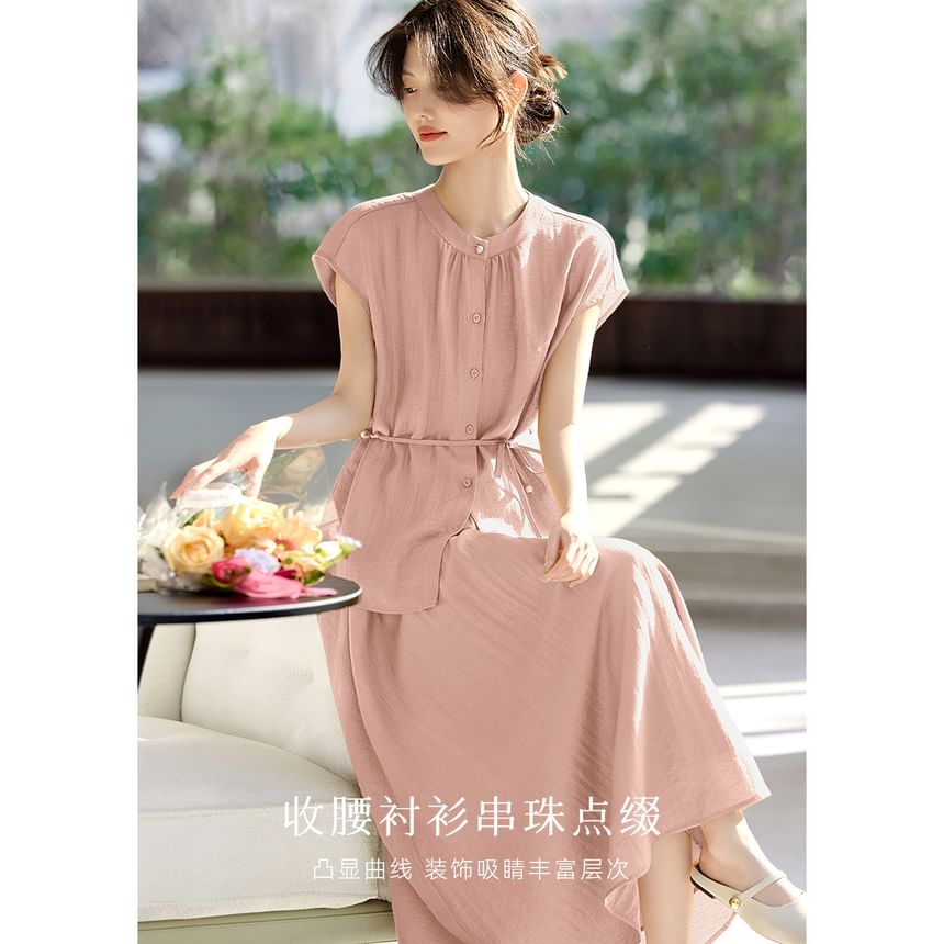 Cap-Sleeve Stand Collar Plain Blouse & High Waist A-Line Midi Skirt
