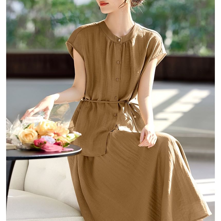 Cap-Sleeve Stand Collar Plain Blouse & High Waist A-Line Midi Skirt