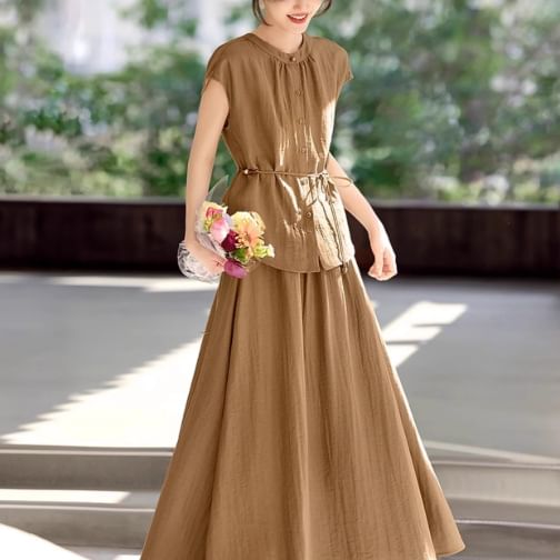 Cap-Sleeve Stand Collar Plain Blouse & High Waist A-Line Midi Skirt
