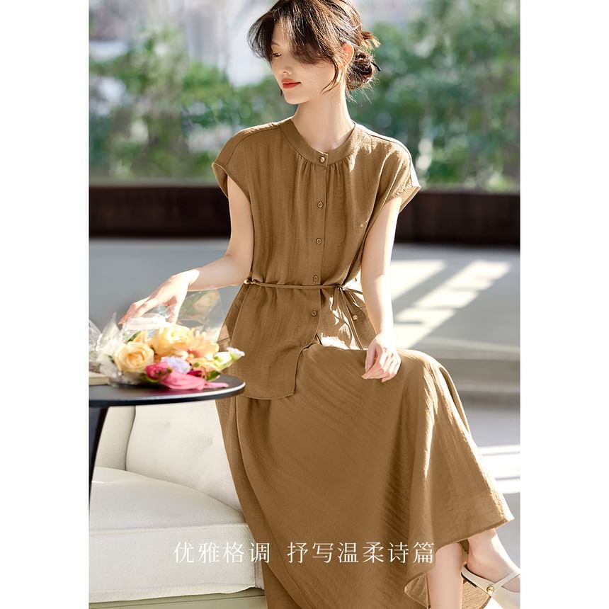 Cap-Sleeve Stand Collar Plain Blouse & High Waist A-Line Midi Skirt