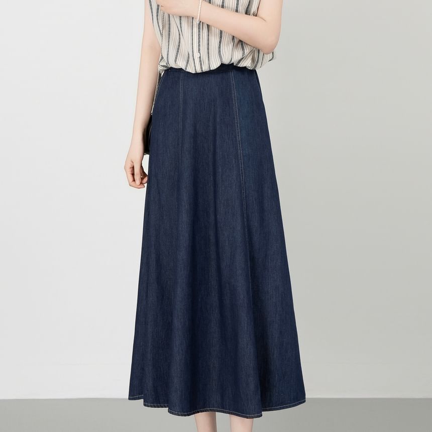 Cap-Sleeve Striped Collared Crop Blouse & High Waist Denim Midi Skirt