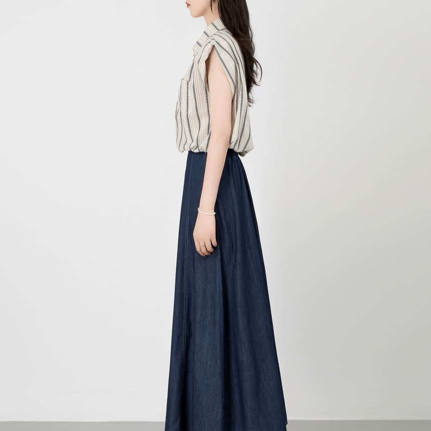 Cap-Sleeve Striped Collared Crop Blouse & High Waist Denim Midi Skirt