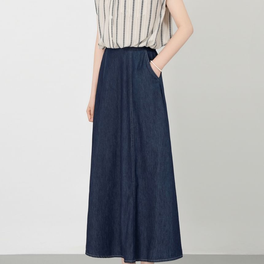 Cap-Sleeve Striped Collared Crop Blouse & High Waist Denim Midi Skirt