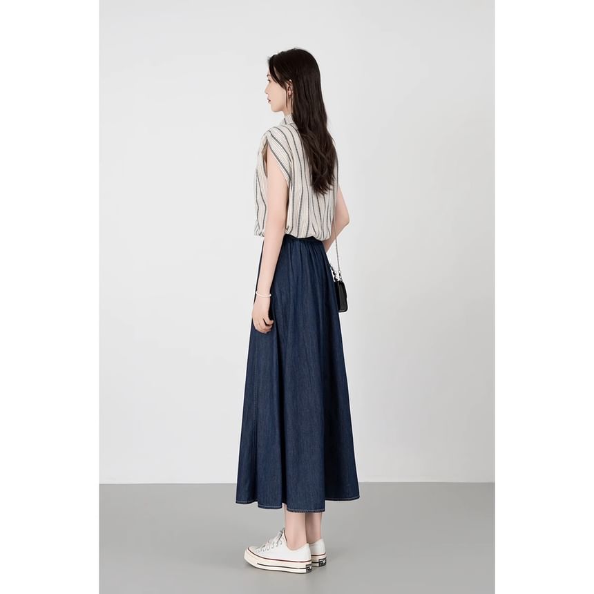 Cap-Sleeve Striped Collared Crop Blouse & High Waist Denim Midi Skirt