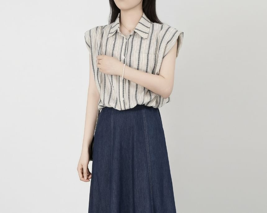 Cap-Sleeve Striped Collared Crop Blouse & High Waist Denim Midi Skirt