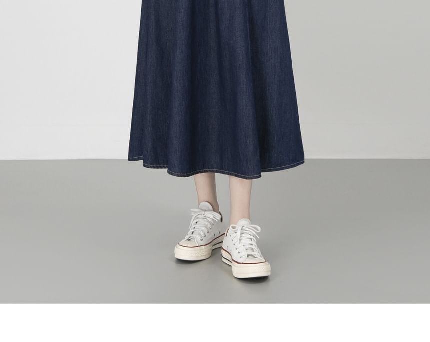 Cap-Sleeve Striped Collared Crop Blouse & High Waist Denim Midi Skirt