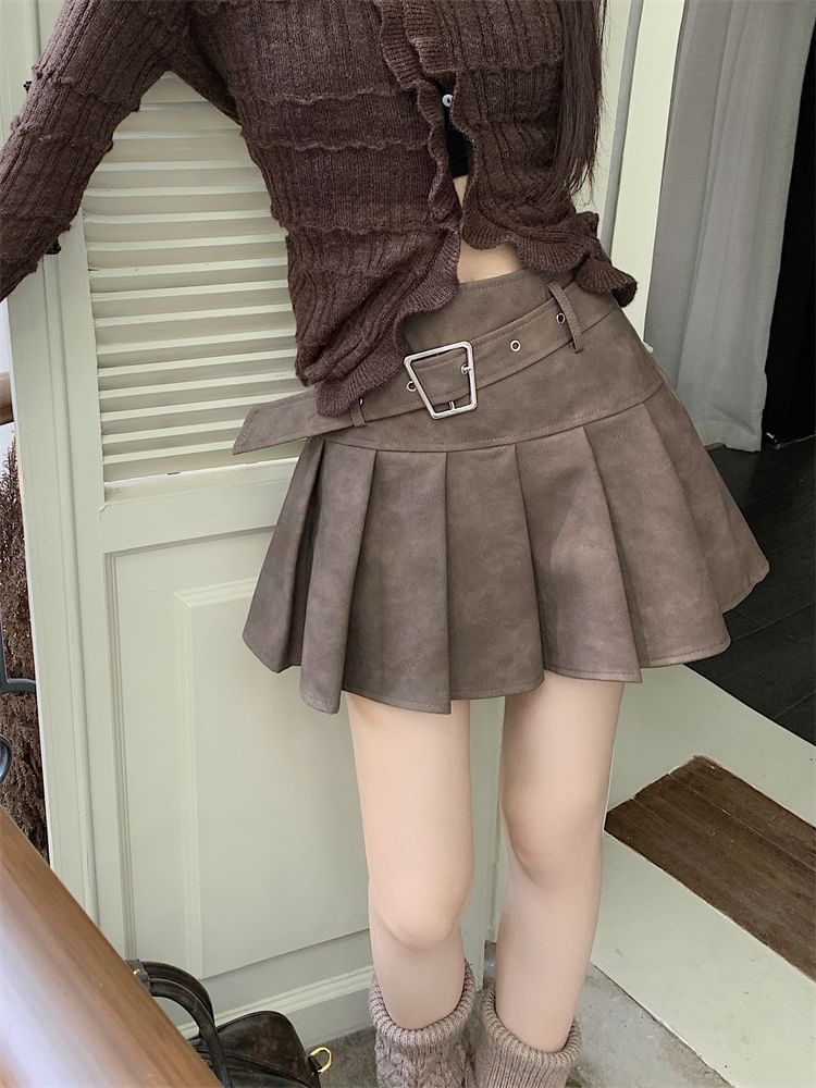High Rise Faux Leather Pleated Mini Skirt