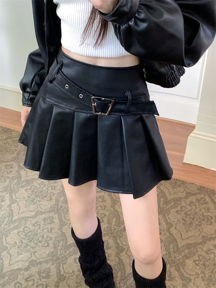 High Rise Faux Leather Pleated Mini Skirt